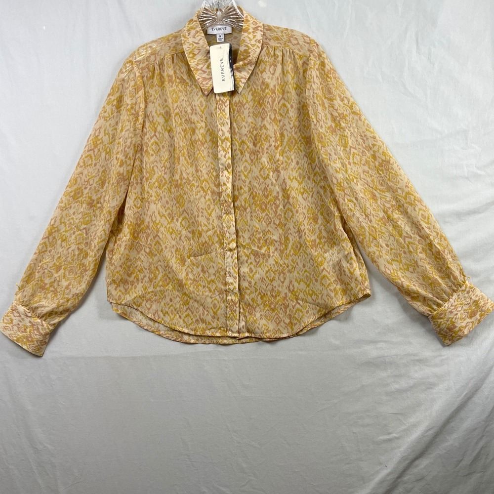 Evereve Emma Ikat Chiffon Top Women Medium Yellow Button Down Long Sleeve EW864